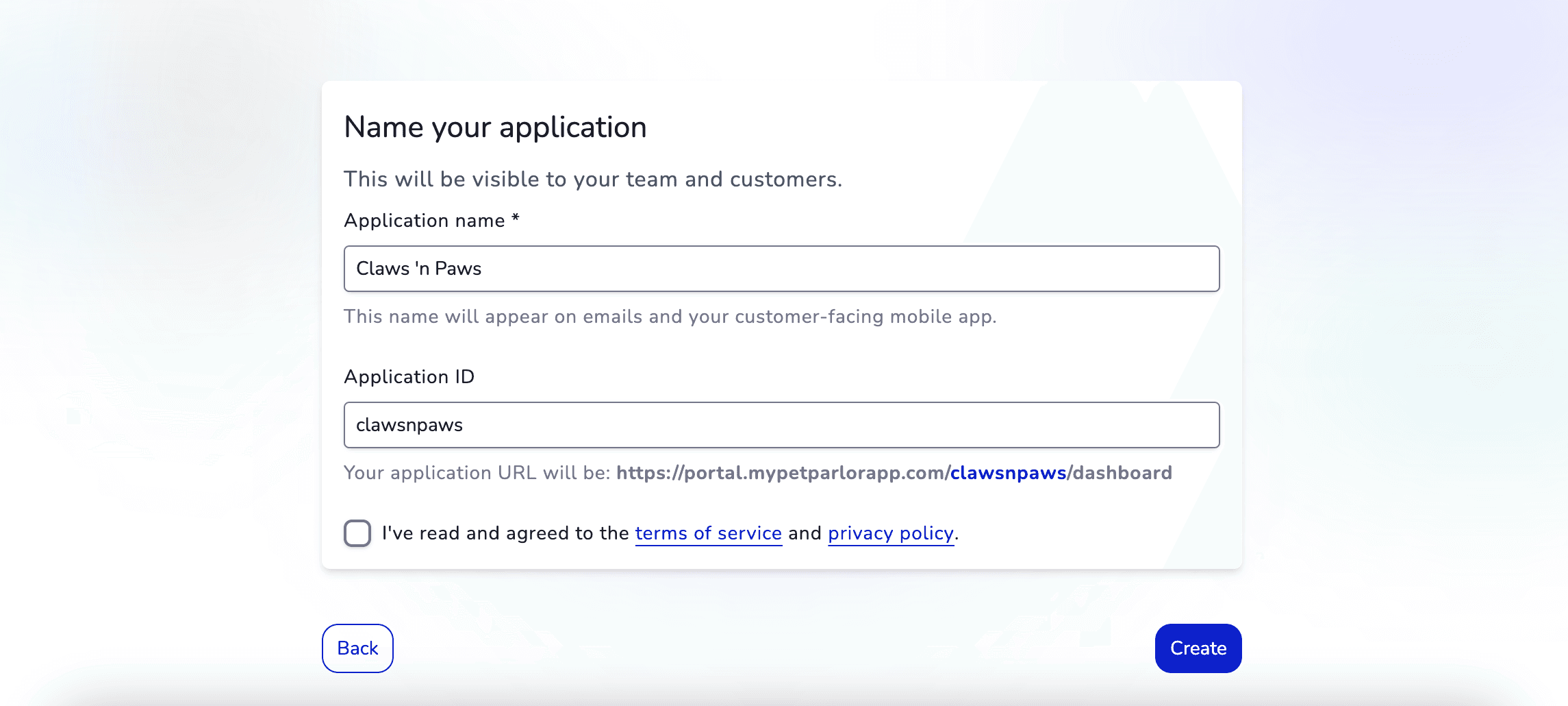 Sign-up form showing application name and application ID fields with terms acceptance