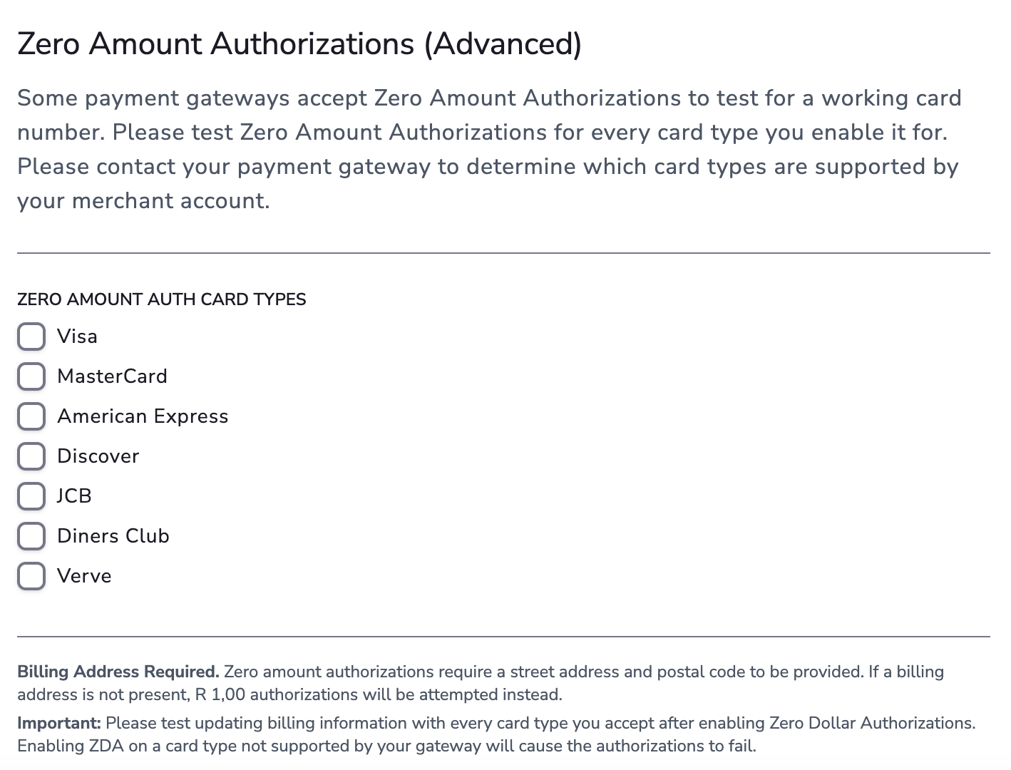 Zero Dollar Authorization advanced settings interface for configuring ZDA options